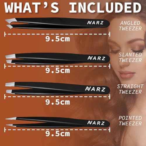 NARZ 4Pcs Professional Tweezers for Women Facial Hair Stainless Steel Precision Tweezers for Ingrown Hair Eyebrow Tweezer for Men & Women (Black Set)