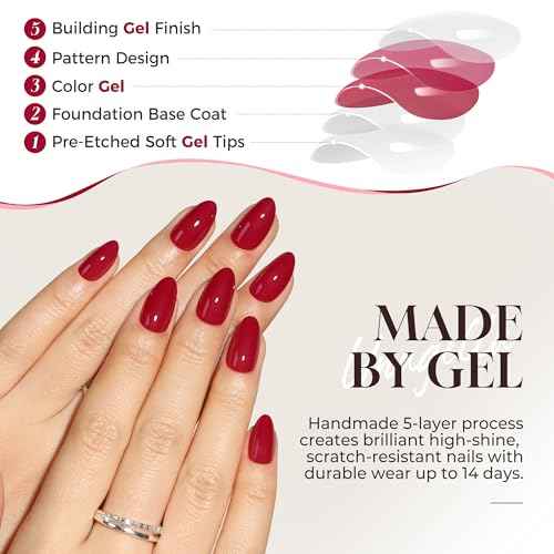 UNA GELLA Red Press On Nails Almond: Fall Halloween Soft Gel Press Ons with Nail Glue, 16 Sizes - 32 Reusable Short Fake Nails Kit, Christmas Mani Gift