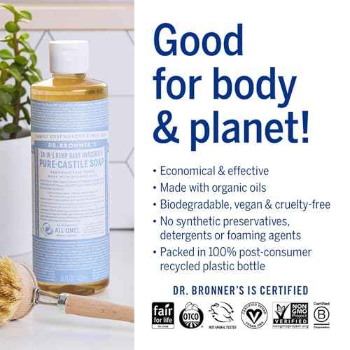 Dr. Bronner¡¯s - Pure-Castile Liquid Soap (Baby Unscented, 16 Ounce) - Made with Organic Oils, 18-in-1 Uses: Face, Hair, Laundry & Dishes For Sensitive Skin & Babies, No Added Fragrance, Vegan, Non-GMO