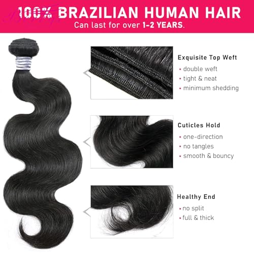 Human Hair Bundles, 9A Brazilian Virgin Human Hair for Black Women, Body Wave Straight, Double Weft, Natural Black, 1 Bundle / 3 Bundles 10 12 14 16 18 20 22 24 26 28 inch