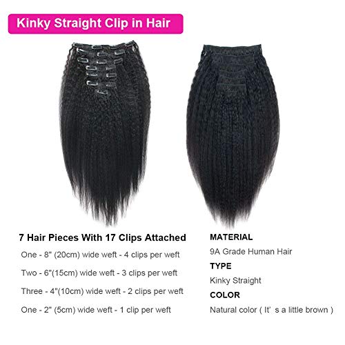 Lovrio Kinkys Straight Hair Clip in Hair Extensions for Black Women Brazilian Virgin Double Weft Human Hair 7 Pieces 120g with 17 Clips 14 Inch