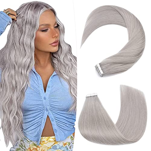 Hairro Tape In Hair Extensions Human Hair Remy Tape On Extensions Adhesive Skin Weft Tape In Hair Natural Glue in Hairpieces Full Head Grey Remy Tape Extensions 18 inch 50g 20pcs #GREY