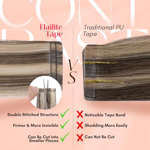 Elailite Tape in Hair Extensions Human Hair Thick Real Remy Hairpieces Medium Brown & Dark Blonde 20 Inch 50g 20pcs Straight Invisible Seamless Skin Weft Best Tape for Women
