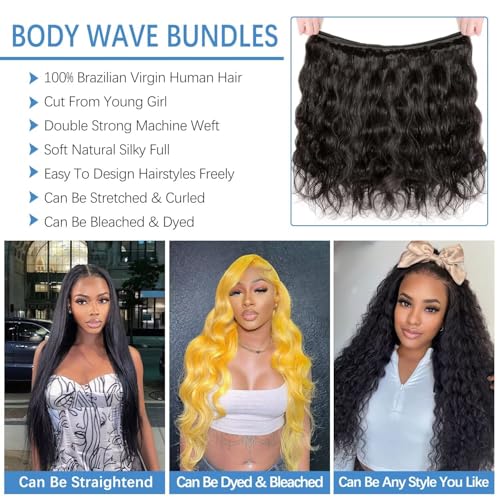12A Human Hair Bundles 34 Inch Body Wave Bundles Human Hair 100% Unprocessed Brazilian Virgin Weave 1 Bundle for Women Natural Black Real Body Wavy Human Hair Extensions