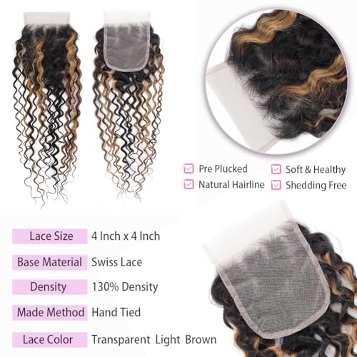 Highlight Water Wave Bundles with Closure Human Hair Honey Brown Balayage Curly Wave Human Hair Bundle 1B/27 Colored 3 Bundles with 4x4 HD Lace Closure Free Part (10 12 14+10)