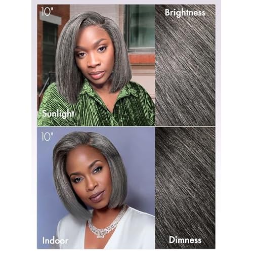 LUVME HAIR 10'' Grey Salt & Pepper Bob Wig Blunt Cut Bob Wig Pre Cut Glueless Wigs Glueless Lace Front 10 Inches Bob, Pre Cut Plucked Hd Lace Short Wig Ready To Go Natural Color Straight Side Part