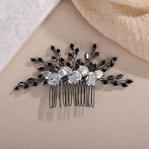 Teyglen Gothic Black Rhinestone Headpiece Vintage Flower Wedding Hair Comb Crystal Bridal Side Comb Flower Leaf Hair Piece Hair Accessories Jewelry for Women (Black)