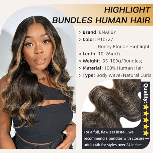Highlight Honey Blonde Bundles Human Hair 24 Inch Body Wave Black and Blonde Balayage 1b/27 bundles 12A Brazilian Virgin Remy Hair Loose Wave Wavy Sew In Weave Ombre Single Bundle Piano Color P1b27