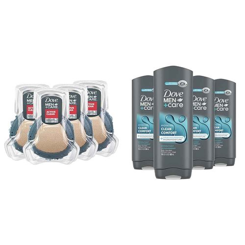DOVE MEN + CARE Shower Tool for Stronger Skin - Active Clean Scrubs and Exfoliates, 4 Pack & Body & Face Wash