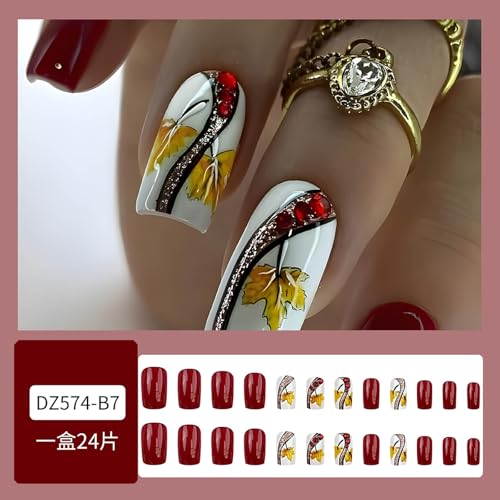 RTKHFZE Maple Leaf Press on Nails Medium Fake Nails Square Glue on Nails Glitter U?As Postizas Medium Nails Press ons Red Full Cover Acrylic Nails 24 Pcs