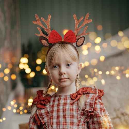 Brown Christmas Antlers Headband Reindeer Ears Headbands for Women Girls Glittery Deer Antler with Bow Hairband Christmas Holiday Hair Accessories 1PCS(Style 5)