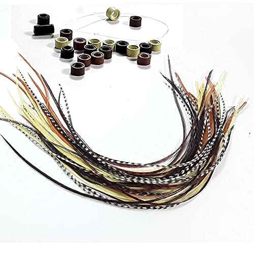 Feather Hair Extensions ? 100% Real Rooster Feathers, 20 Natural Color Feathers, Ranging from 8 to 11 Inches, Includes 20 Micro Beads and Loop Tool Kit