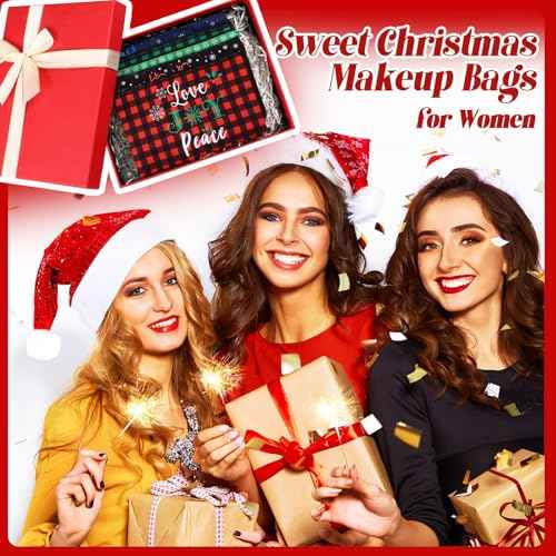 Reginary 60 Pcs Christmas Makeup Bags Bulk Xmas Cosmetic Bags 7 x 4.3 Inches Snowman Snowflake Santa Zipper Pouch Christmas Purses Gifts for Women