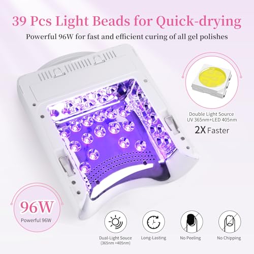 Cordless UV Nail Lamp, 96W Rechargeable UV Light for Gel Nails with Automatic Sensor & 4 Timers, Portable LED Nail Lamp, Professional Nail Dryer for Salon & Home (White)
