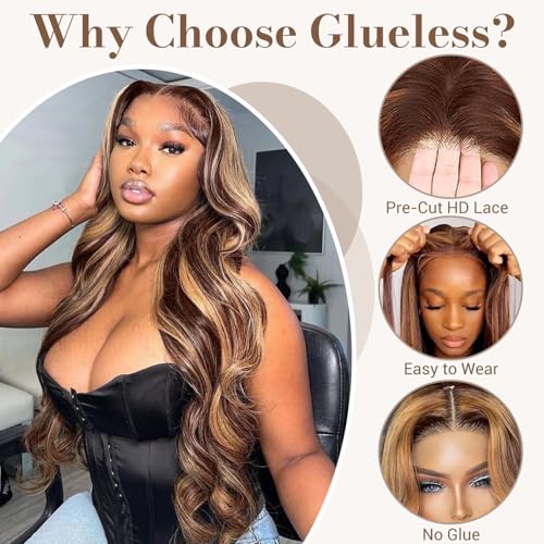 Honey Blonde Ombre Wig Human Hair 30inch Ombre Lace Front Wig Human Hair Loose Body Wave 9x6 Glueless Wigs Human Hair Pre Plucked Pre Cut 4/27 Lace Front Wig 220% Density
