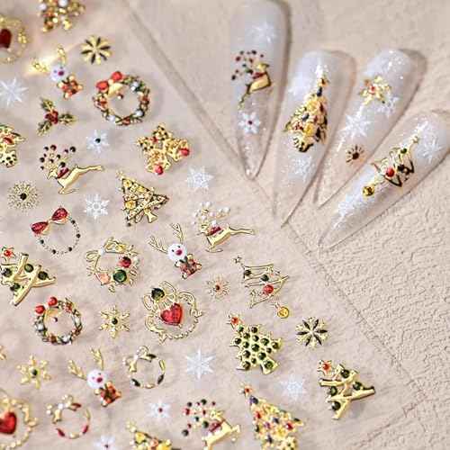 Christmas Nail Art Stickers 5D Embossed Shiny Gold Xmas Tree Nail Stickers Elk Wreath Snowflake Nail Decals for Women Girls Winter Holiday Manicure DIY Nail Supplies