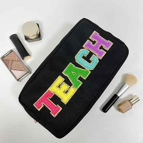 Teacher Appreciation Gifts Letter Patch Nylon Makeup Bag Pencil Bag Chenille Varsity Letter Patches Makeup Zipper Pouch Retirement Birthday Teacher Gifts for Women(Teach-black)