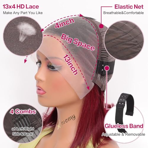 99j Burgundy Bob Wig Human Hair 13x4 HD Transparent Lace Front Wigs Human Hair 180% Density Short Bob Glueless Straight Wigs Human Hair for Women 16 Inch