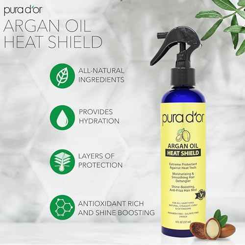 PURA D'OR 8 Oz Argan Oil Heat Shield Protectant Spray with Select Organic Ingredients, Protects Up To 450¨¬ F From Flat Iron & Hot Blow Dry, Leave-In, Define & Shine Dry & Damaged Hair