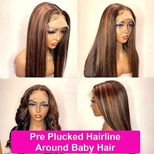 Brown Highlights Pre Plucked Lace Frontal Wigs Real Human Hair Wig Natural Hairline with Baby Hair 18 Inch Thicken Colored Ombre Balayage Brazilian Virgin Human Hair Lace Front Wig with Dark Roots