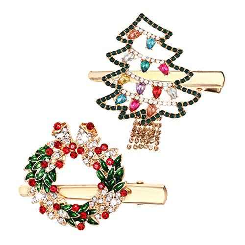Christmas Hair Pins for Women Girls Rhinestone Crystal Snowflake Reindeer Wreath Xmas Tree Hair Clips Barrettes Accessories Festive Holiday Party Favors (Xmas tree wreath hair pins)
