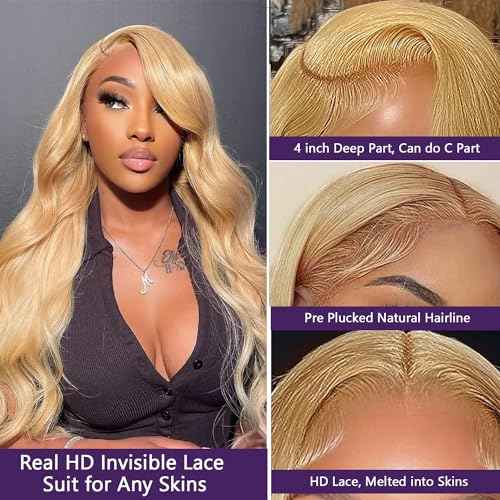 Ubetta Honey Blonde Wig Human Hair, Body Wave Honey Blonde Lace Front Wig Human Hair, 22 Inch Glueless 13x4 HD Lace Frontal Wigs Human Hair Pre Plucked 180% Density Lace Frontal Wigs for Black Women