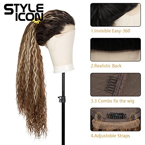 Style Icon 36" Easy-360 Lace Wigs 13x6 Free Part Lace Frontal Wigs Super Highlight Blonde Wig Long Curly Synthetic Wig (36 Inches, TTHL4/30F/613F)