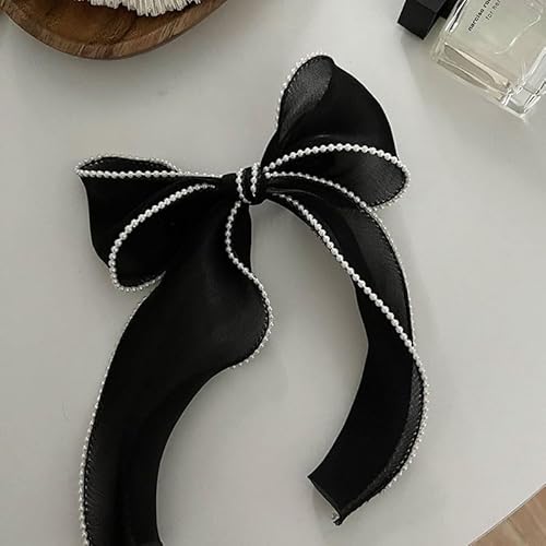 Black Hair Bow for Women Girls Long Ribbon Bowknot Spring Hair Clips for Thick Curly Hair French Big Organza Bow Ponytail Holder Nonslip Pearl Hair Barrette Snap Hairpins Sweet Hair Accessories