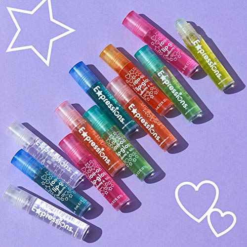 Expressions girl 12pc Roll On Lip Gloss Set with Carrying Case, Glossy Lip Make-up for Kids and Teens - Fruity Flavors, Non Toxic, Kid Friendly, Party Gift, Best Friends