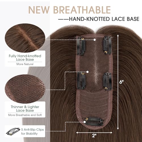 S-noilite Hair Toppers for Women Real Human Hair, Human Hair Toppers for Women,Hair Toppers for Thin Hair,100% Real Human Hair Toppers 2.25"*6" Lace Silk Base Hair Toppers 8 inch Dark Brown
