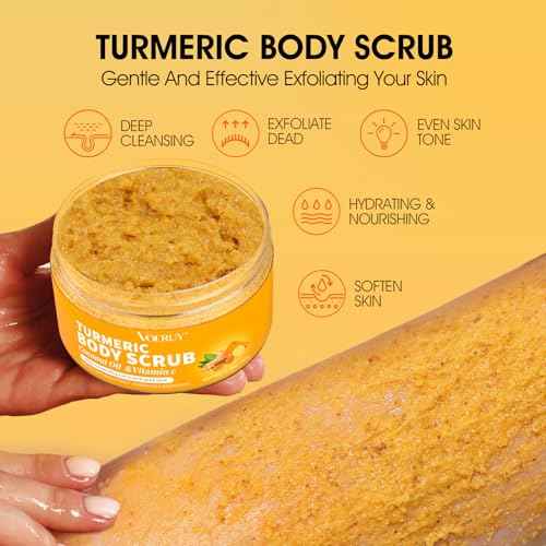 Body Scrub, Turmeric Exfoliating Body Scrub, with Coconut Oil & Vitamin C, Bikini Area Exfoliator Gently Exfoliate Body Hand and Foot Scrub, Moisturized Skin for Women and Men, 11.28oz/320g