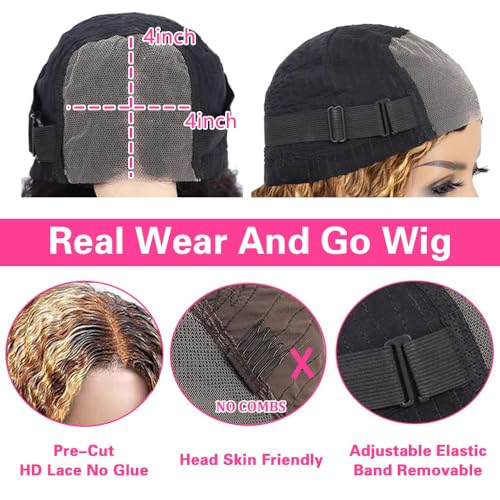 Ombre Honey Blonde Wear and Go Glueless Deep Curly Wave Lace Front Wigs Human Hair Highnight HD Lace Front Wigs Human Hair 4/27 Frontal Wigs Human Hair Curly Wigs 200% Density 16 Inch