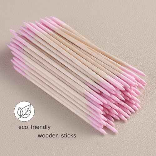 200pcs Pointed Tip Cotton Swabs, Pink Double-head Precision Microblading Cotton Swabs with Wooden Sticks Nail Polish Remover Pen Touch Up Disposable Makeup Applicators Beauty Tools