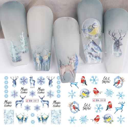 Christmas Water Transfer Nail Stickers - Blue Winter Snowflake Watermark Decals, Xmas Elk Bear Design for Holiday Nail Art Supplies and Accessories