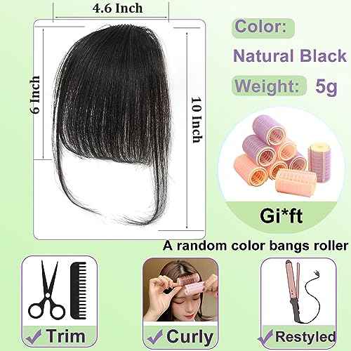 100% Human Hair Clip in Bangs,Women Air Thinning Curtain Flat Natural Black Bangs, Natural Curved Wispy Bangs,Real Human Hair Faux fake Bangs(Wispy Bangs,Natural Black)