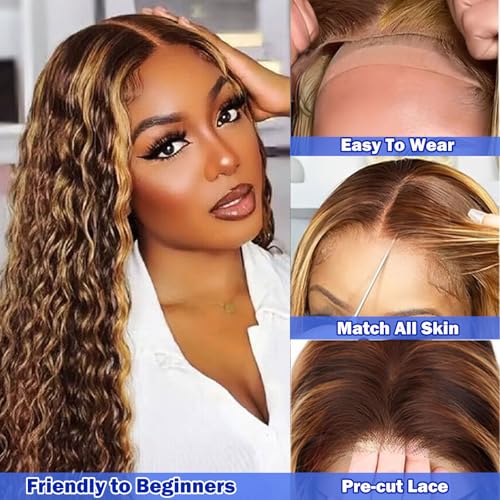 Ombre Deep Wave Lace Front Wigs Wear and Go Glueless Wigs Human Hair Pre Plucked Pre Cut Wet and Wavy Lace Front Wigs 180% Density T Part Honey Blonde and Brown Mixed Wig(FS4/27,16inch)
