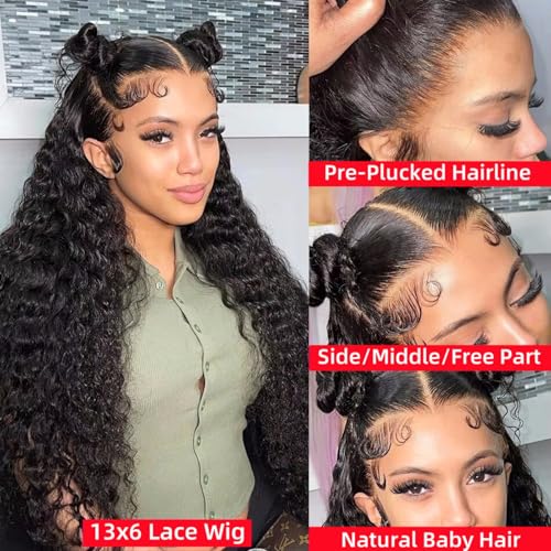Nakkia 26 Inch Deep Wave Lace Front Wigs Human Hair 13x6 HD Transparent Lace Frontal Wig 180% Density Deep Curly Wet and Wavy Human Hair Pre Plucked Glueless Wigs for Women Natural Color