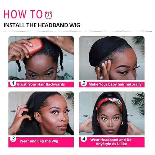Headband Wig Human Hair Straight 18 inch None Lace Front Human Hair Wigs Machine Made Glueless Straight Headband Half Wigs for Black Women Natural Color
