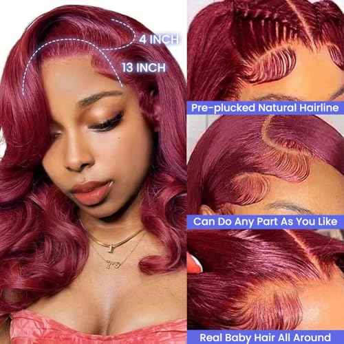 99J Burgundy Body Wave Bob Wig 13x4 HD Transparent Lace Front Wigs Human Hair Pre Plucked 180% Density Glueless Wigs Human Hair with Baby Hair for Women 14 Inch