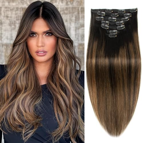 Dark Highlight Clip in Hair Extensions Ombre Real Human Hair Natural Black Mix Chestnut Brown 18 Inch 7pcs 120g Remy Human 16 Clips Ins Double Weft Straight Hair Extensions for Woman