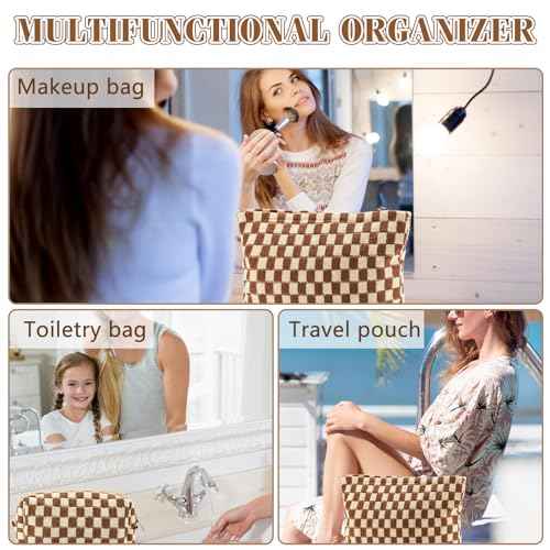 ZLFSRQ 3Pcs Checkered Makeup Bag for Women Large Small Checkered Cosmetic Bag Set Aesthetic Preppy Pencil Case Cute Pencil Pouch Brown Makeup Pouch for Purse Travel Toiletry Bags Zipper Skincare Bags