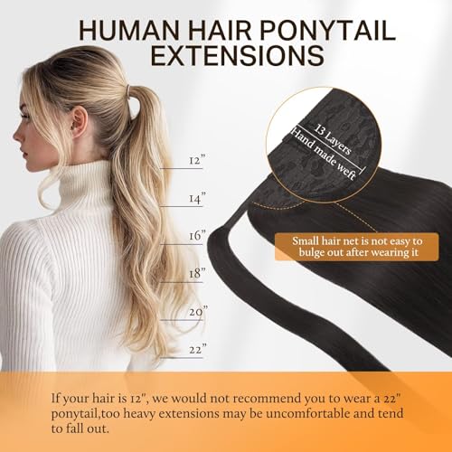 DOORES Human Hair Ponytail Extensions Natural Black 16 Inch 80g Clip in Hair Extensions Remy Hair Extensions Ponytail Straight Natural Wrap Around Ponytail with Magic Paste