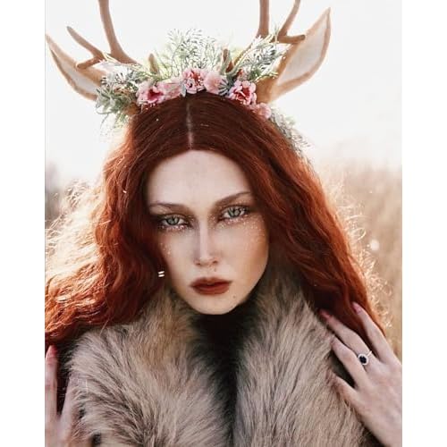 MOSTORY Handmade Antler Headband Brown - Adjustable Reindeer Horns Crown with Ears Fairy Flower Woodland Headpiece for Renaissance Christmas Cosplay Prom Fae Ball Costume Photo Prop