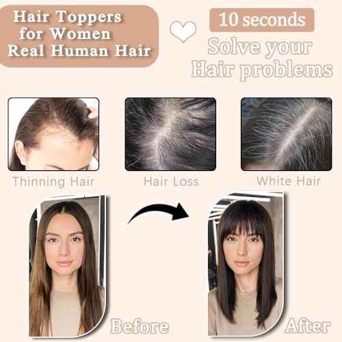 Hair Toppers for Women Real Human Hair,360¡Æ3D Big Basement Cover Topper for Women with Thinning Crown with Wispy Clip in Bangs Realistic Scalp (1B, 3D Wispy Bangs 18INCH)