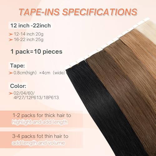 Benehair Tape in Human Hair Extensions, 18 inch Straight Invisible Tape Extensions Remy Blonde Hair Extensions 10pcs 20g Ash Brown Mix Bleach Blonde 18p613