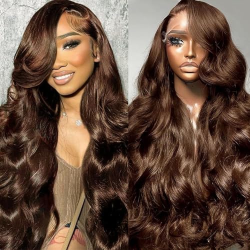 14 Inch Chocolate Brown Lace Front Wig Human Hair 180 Density 13x6 Body Wave Lace Front Wigs Human Hair Pre Plucked Colored Frontal Wigs Human Hair Brown Wig Human Hair Wigs for Women