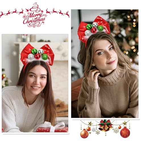 Christmas Headbands for Women Sequin Bows Headband for Girls Cute Headband for Adults Christmas Festive Party Hair Bands Glitter Silver Green Red Balls Hairband Red New Year Xmas Hair Accessories 1Pcs