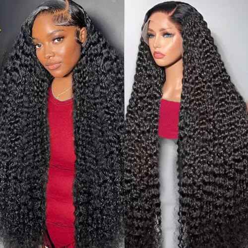 Deep Wave Lace Front Wigs Human Hair Pre Plucked 180 Density 13x4 HD Transparent Lace Frontal Wigs for Black Women Deep Curly Human Hair Lace Front Wigs (28 Inch)