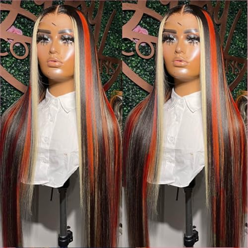 Ginger Blonde Highlight Lace Front Wigs Human Hair Skunk Stripe 13x4 Lace Frontal Wig Straight Black Ginger and Blonde Ombre Colored Wigs Glueluess Human Hair 18 Inch 180% Density Pre Plucked
