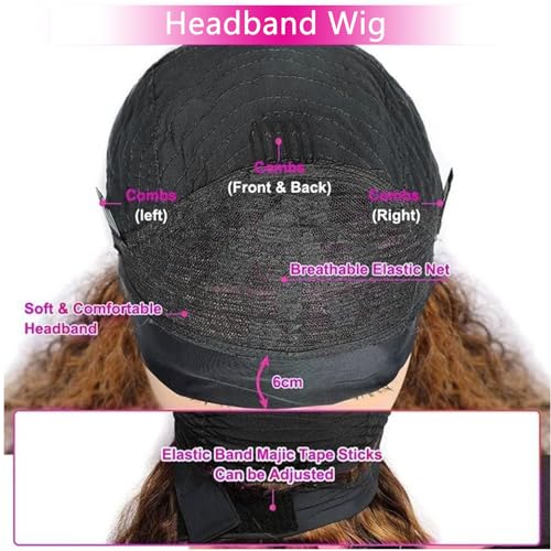 Ombre Highlight Headband Wig Human Hair #4/27 Colored Kinky Curly Headband Wig for Black Women Glueless None Lace Front Human Hair Wigs Brazilian Virgin Hair Wear and Go Wigs 150% Density 20 Inch